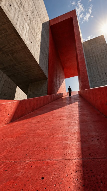 Rampe rouge dans une architecture monumentale de béton