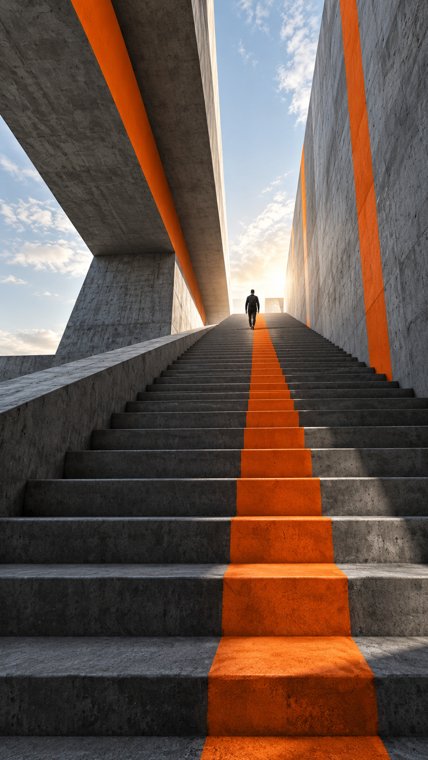 Escalier monumental avec une bande orange menant vers la lumière