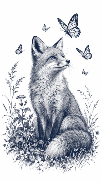 Renard en gravure bleu marine avec papillons sur fond blanc